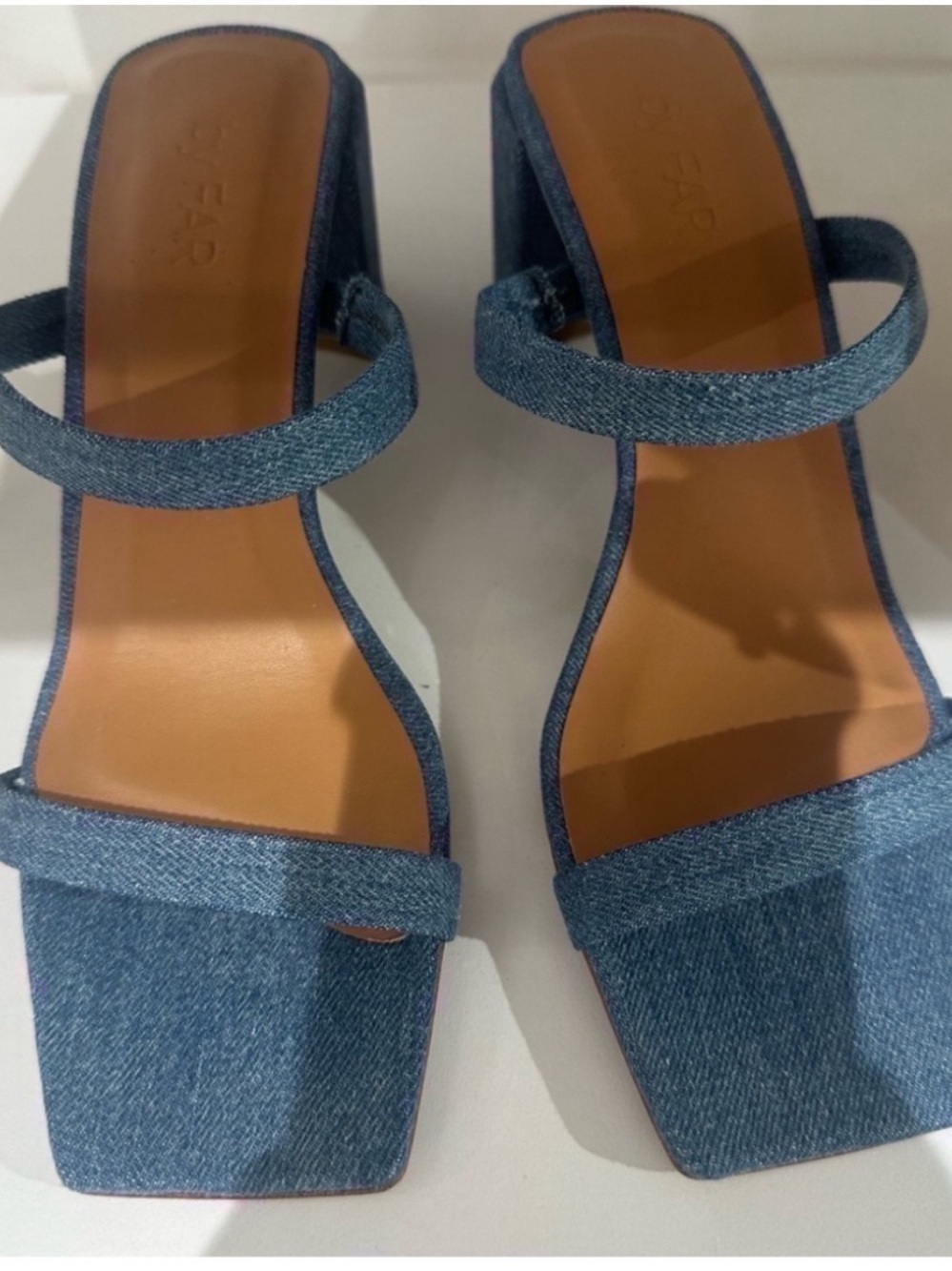 BY FAR Blue Denim Double-Strap Block Heel Sandals